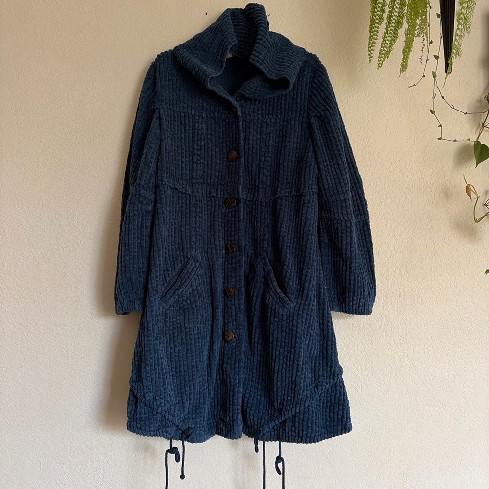 Color Me Cotton CMC SZ SMALL Hooded Corduroy‎ Swing Jacket Coat BLUE
